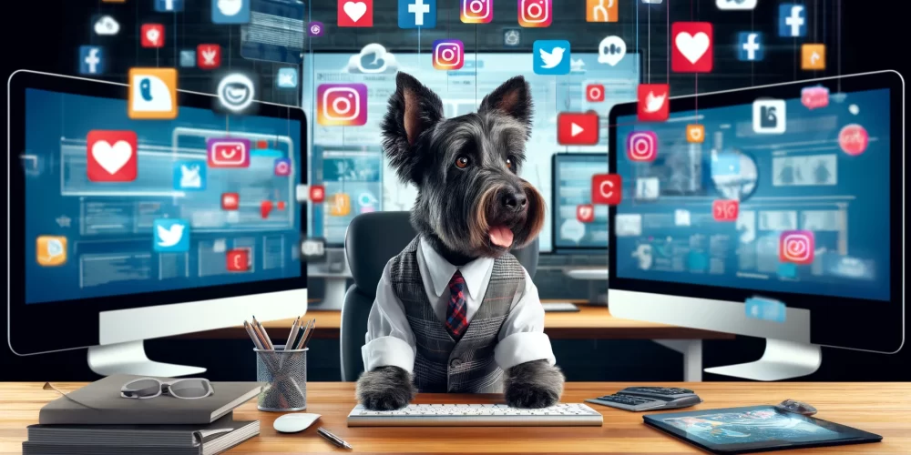 A Scottish Terrier dressed as a social media manager, working at a desk surrounded by screens with social media feeds, symbolizing expertise in digital marketing.