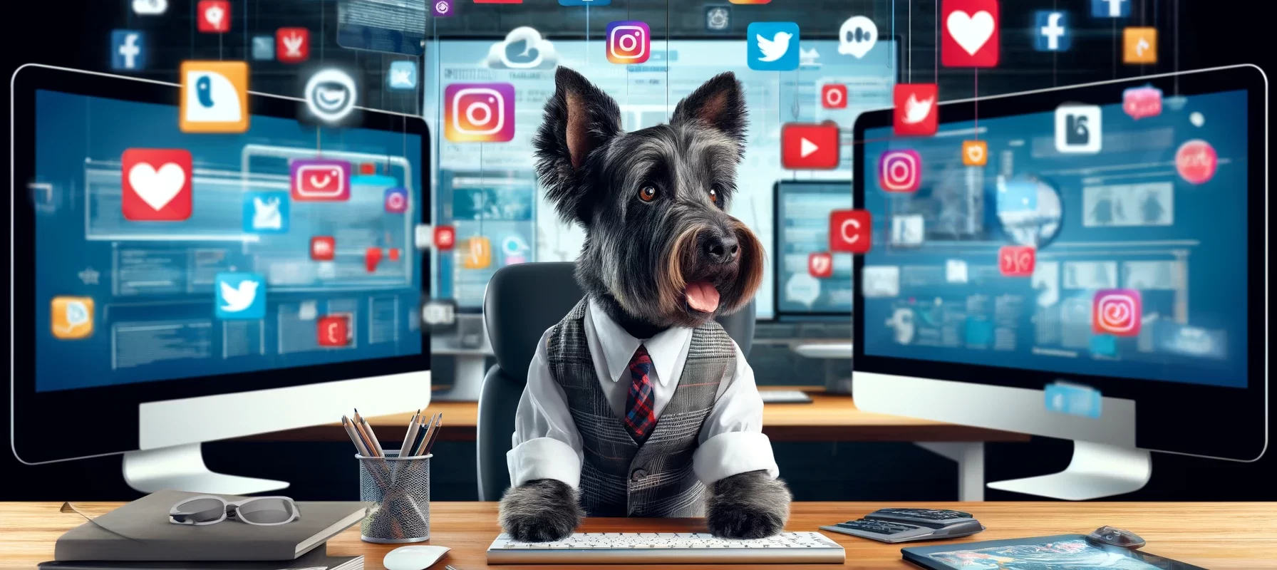 A Scottish Terrier dressed as a social media manager, working at a desk surrounded by screens with social media feeds, symbolizing expertise in digital marketing.