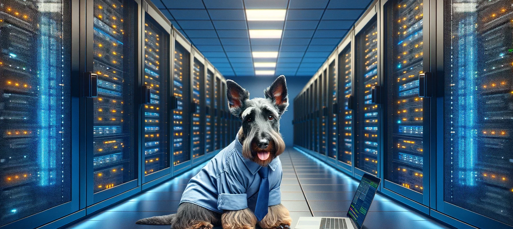 A Scottish Terrier managing a data center, symbolizing the critical role of web hosting services in supporting websites