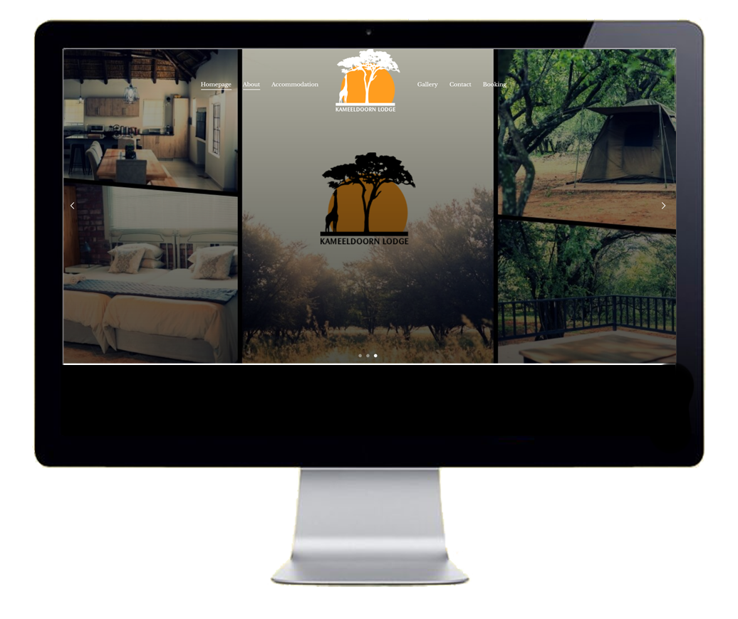 Computer monitor displaying Kameeldoorn Lodge's homepage, featuring cozy accommodation and serene natural surroundings.