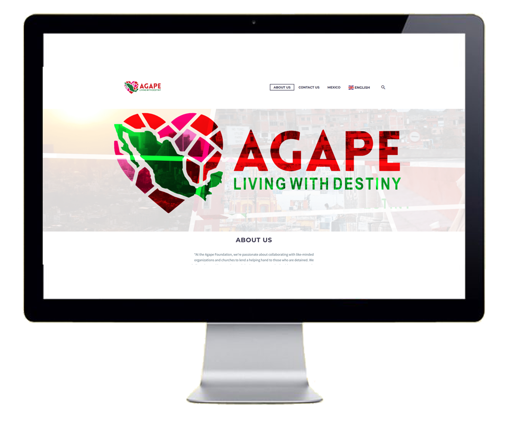 Display on a monitor showing the homepage of fundacion-agape.org, with the headline "AGAPE LIVING WITH DESTINY" and a heart-shaped logo merging a map of Mexico.