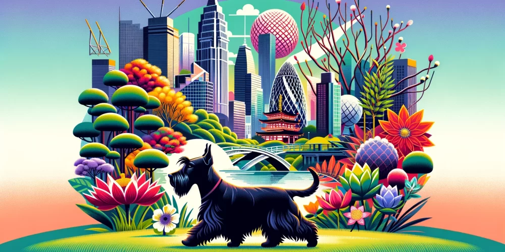 A black Scottish Terrier strolls through a vibrant city park with global cultural elements including cherry blossoms, a Scottish thistle, and lotus flowers.