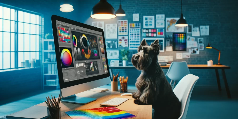 A Scottish Terrier sits attentively at a graphic design station, working on a complex design layout on a computer screen, illustrating professional design expertise.