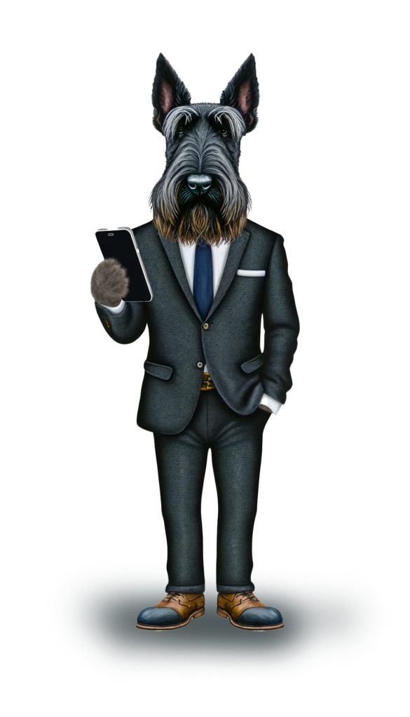 A dapper Scottish Terrier mascot in a tailored suit holding a smartphone, representing Woolly Black Dog Creations' smart and sophisticated web design services.