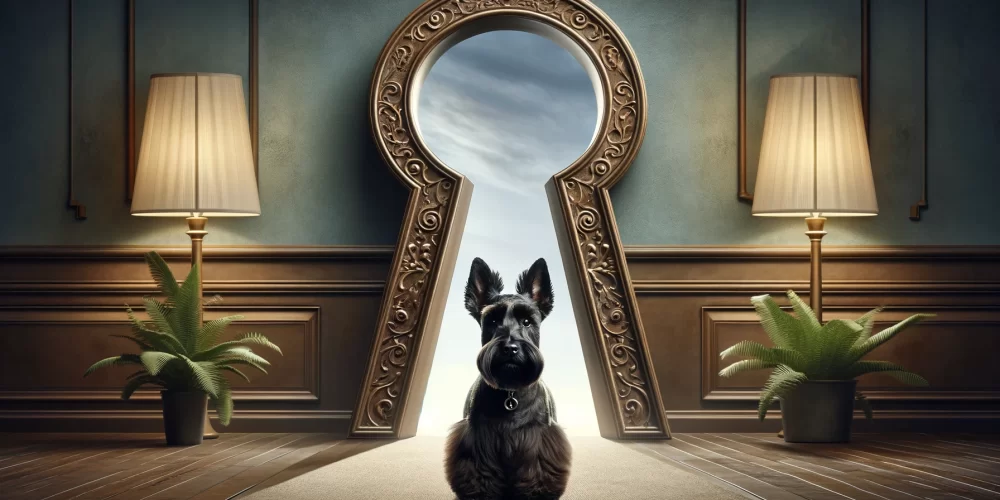 A confident Scottish Terrier sitting in front of an ornate keyhole doorway, symbolizing the journey to creating a unique brand identity.