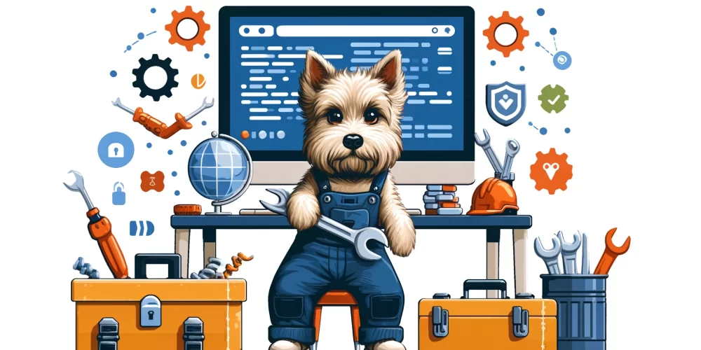 A Scottish Terrier dressed as a mechanic working on a computer, surrounded by tools, representing robust website maintenance services.