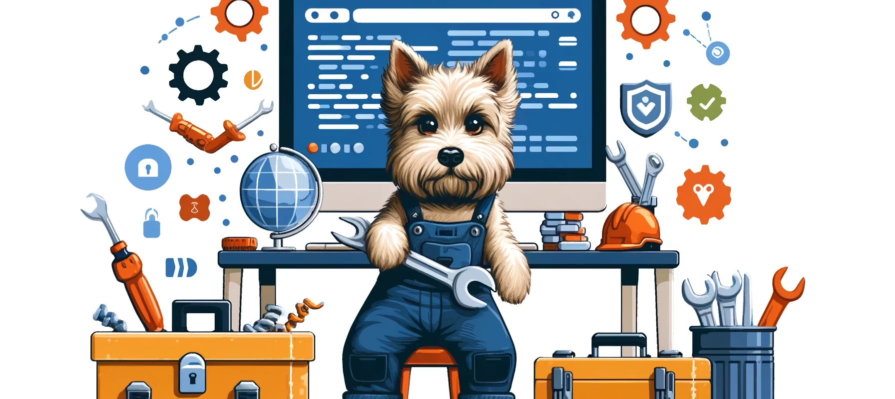 A Scottish Terrier dressed as a mechanic working on a computer, surrounded by tools, representing robust website maintenance services.