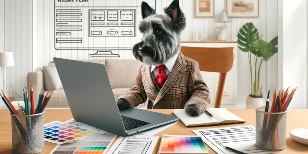 Scottish Terrier dressed neatly, working on a laptop, surrounded by web design tools in a modern office setting.