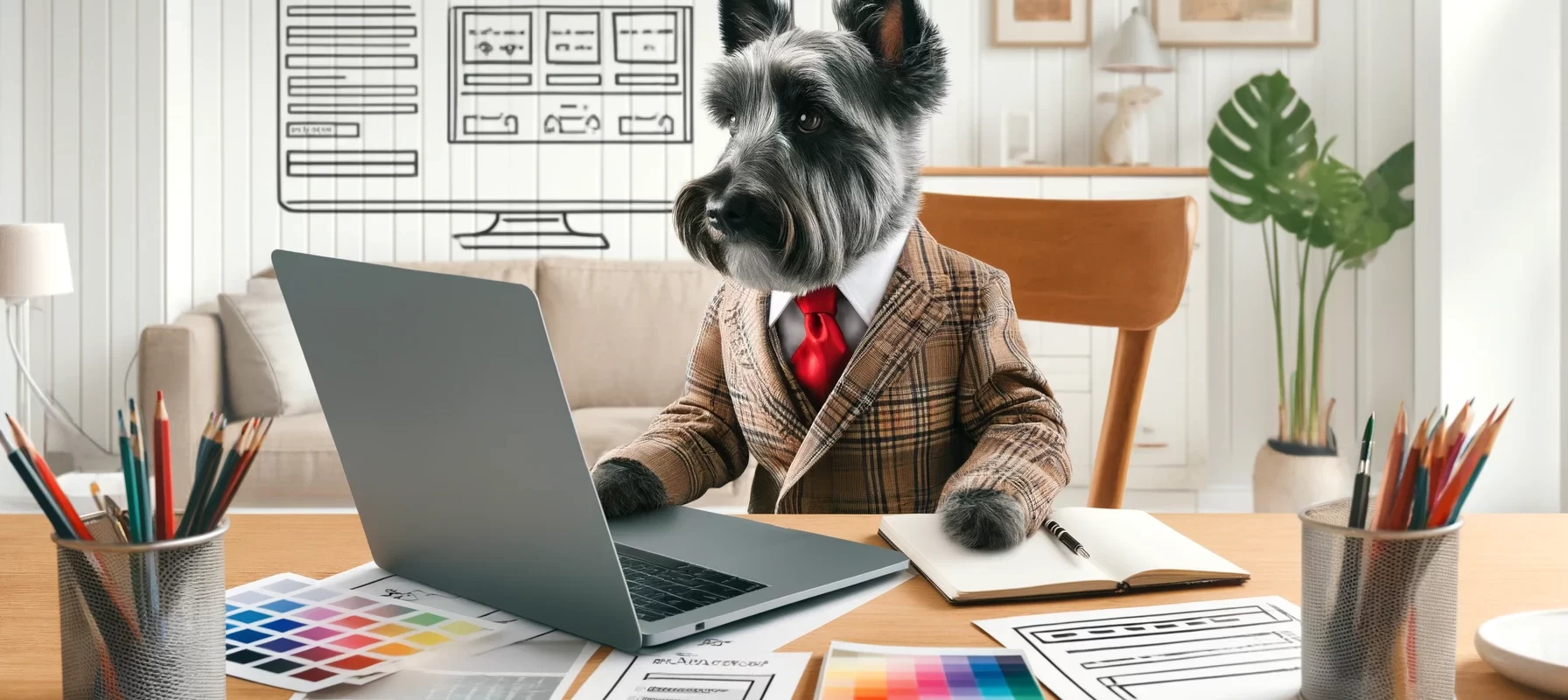Scottish Terrier dressed neatly, working on a laptop, surrounded by web design tools in a modern office setting.