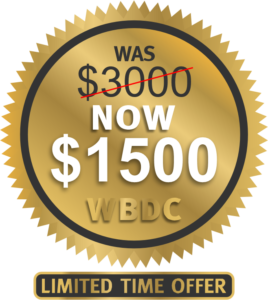 A golden promotional badge displaying a special limited-time offer from WBDC with 'Was $3000, Now $1500' highlighted to showcase an exclusive web design discount. Professional web design services.