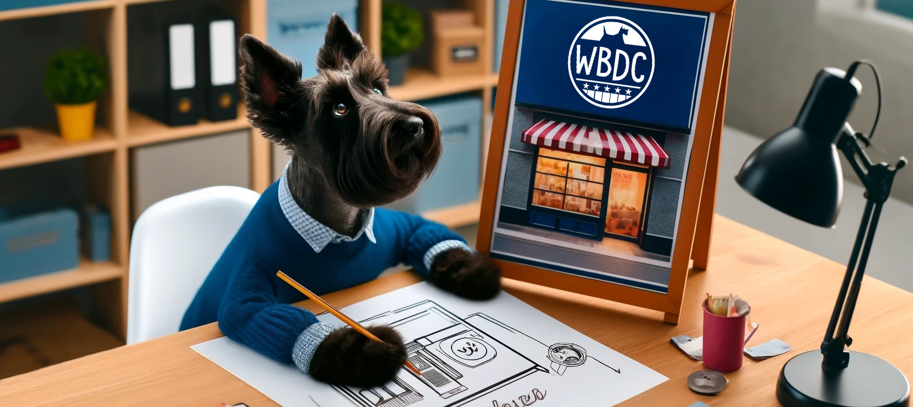 A Scottish Terrier in a design studio working on professional signage, showcasing Woolly Black Dog Creations' expertise in crafting impactful business signs.