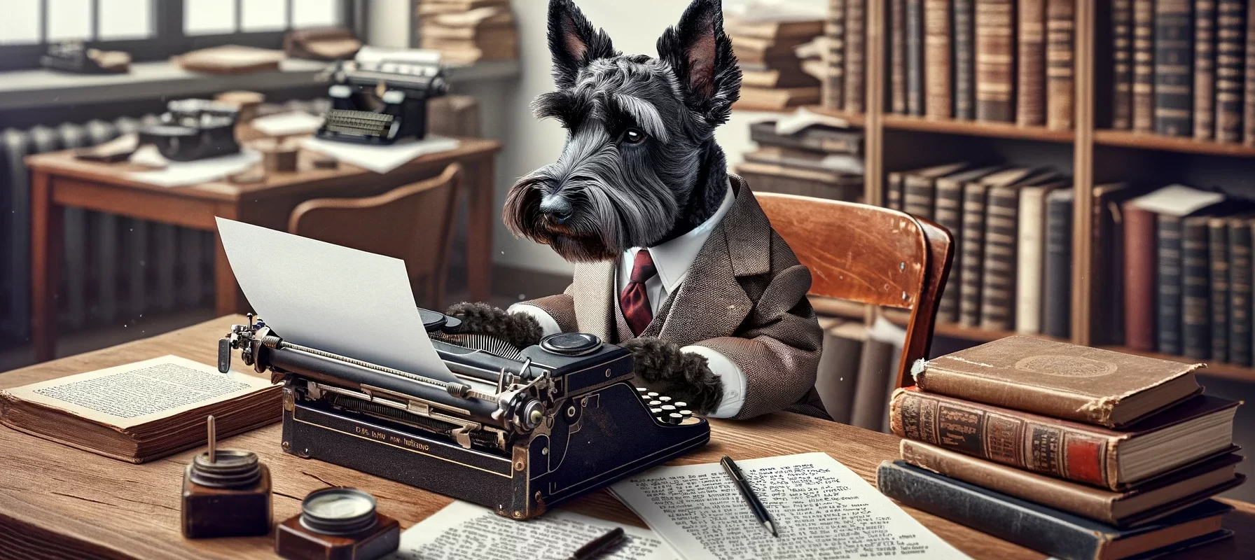 A Scottish Terrier in a suit, typing on a vintage typewriter, surrounded by books and papers, embodying the role of a professional editor in a busy office setting.